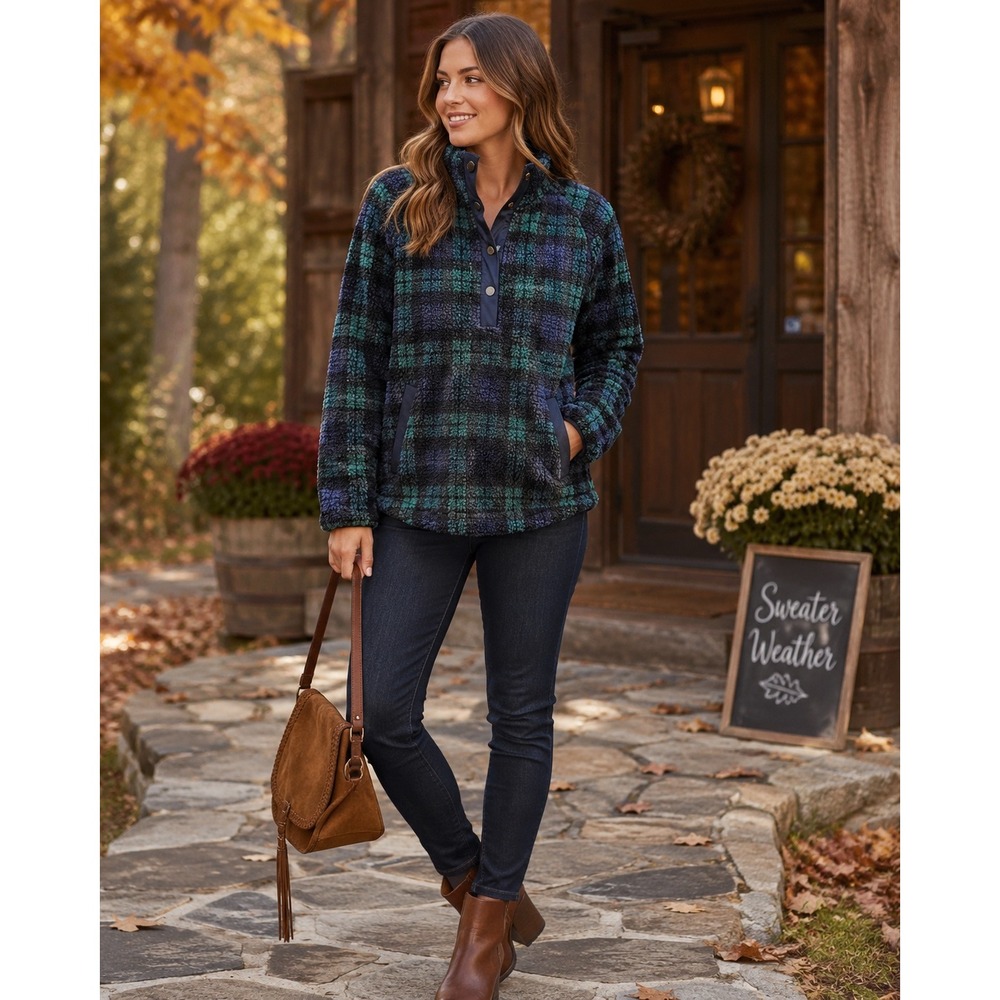 Vineyard Vines Sherpa Pullover Women Small Plaid Fleece Heritage Preppy Cozy